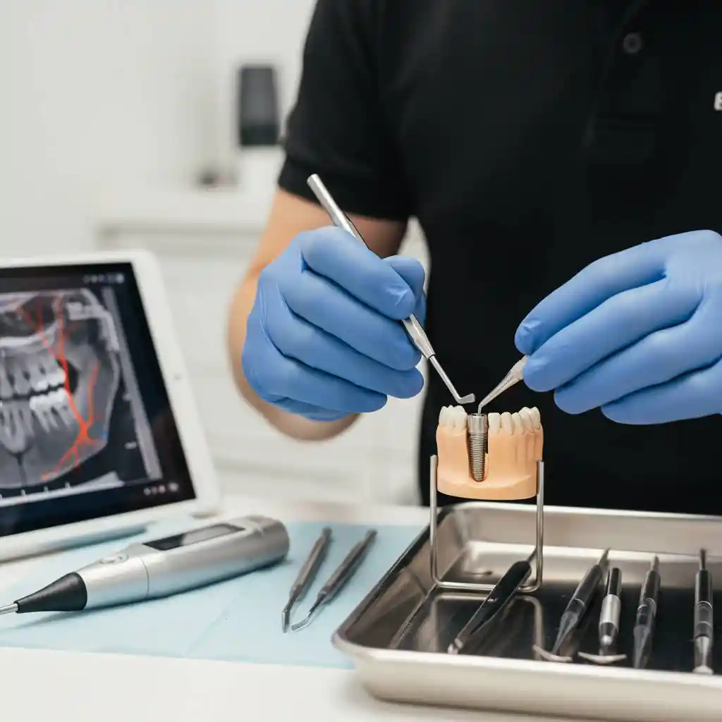 Colocación de implante corto en mandíbula posterior con control de profundidad y respeto al nervio dentario.