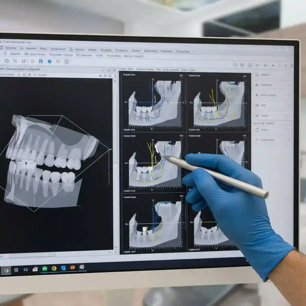 Planificación 3D (CBCT) de implantes con poco hueso, mostrando medidas y posiciones seguras cerca del seno y del nervio.